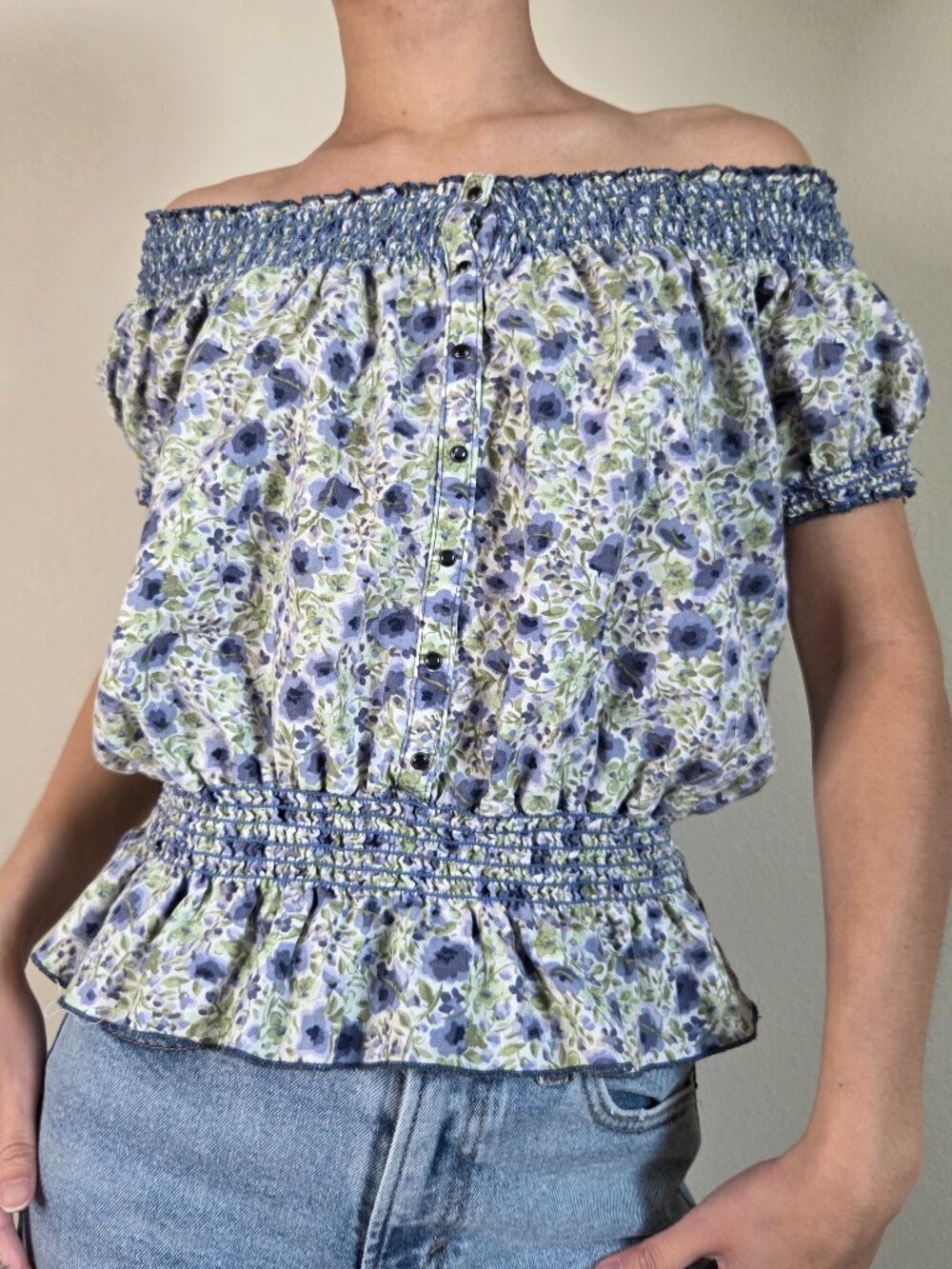 Vintage America Blue Floral Off-The-Shoulder Shortsleeve Top - Small/Medium